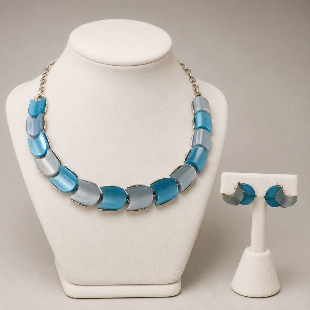 Vintage Lisner Blue Gray Moonglow Lucite Necklace Earrings Set